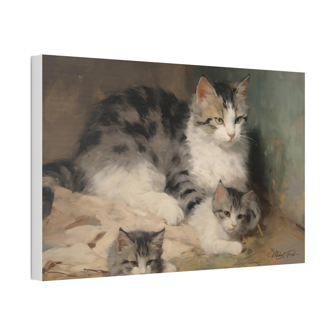 Mother Tabby Cat and Kittens Vintage Oil Painting Style Poster - Image 4