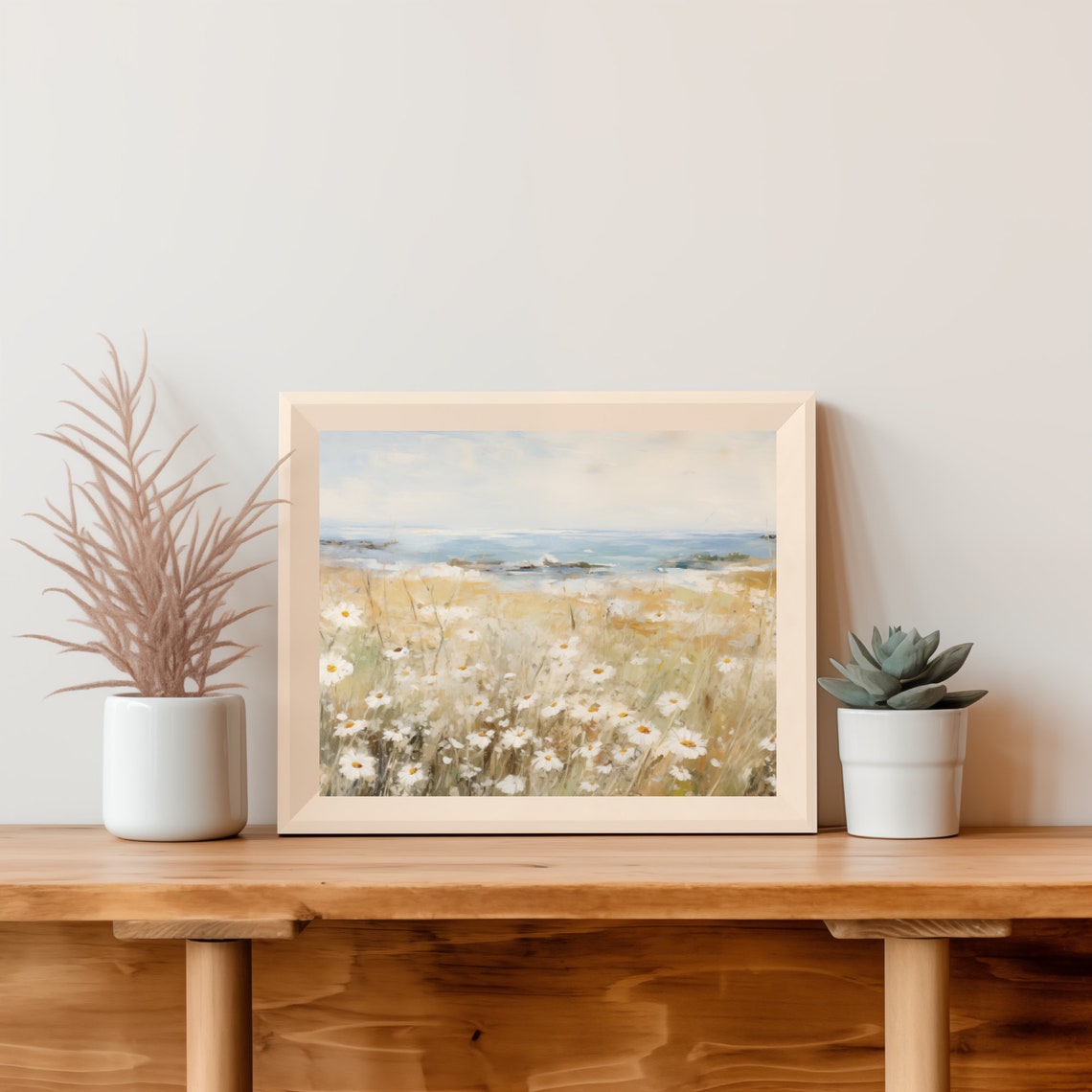 White Daisies Blooming In A Coastal Field By The Sea Art Poster - Image 4