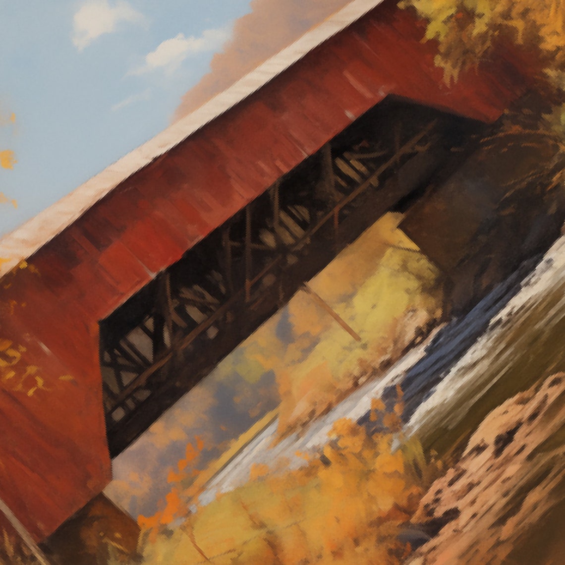 Red Covered Bridge Over an Autumn River Landscape Scene Poster - Image 3