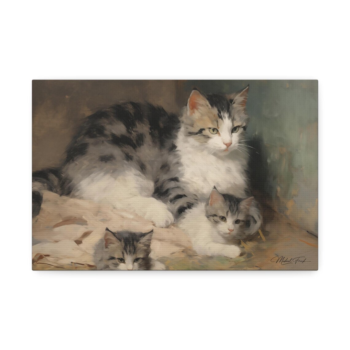 Mother Tabby Cat and Kittens Vintage Oil Painting Style Poster - Image 2