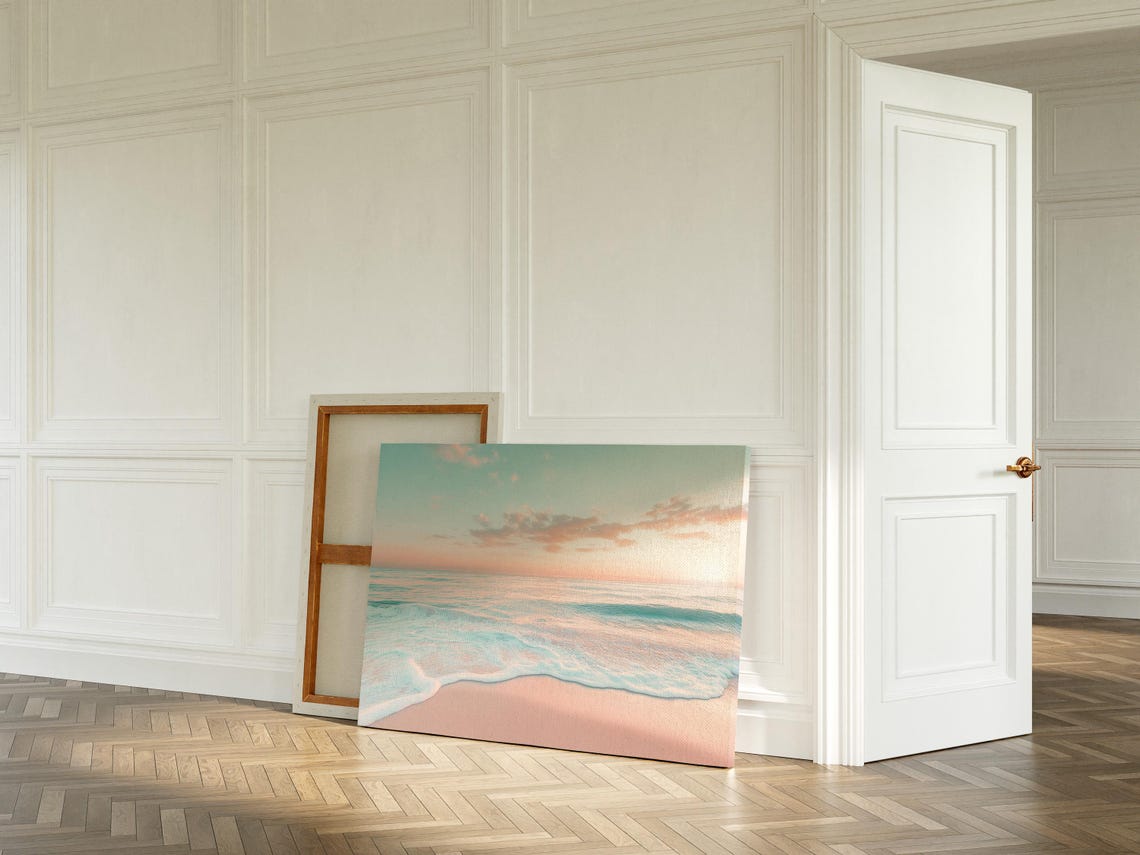 Dreamy Pastel Beach Sunrise Blush Waves Soft Pink Sand Ocean Wall Art - Image 4