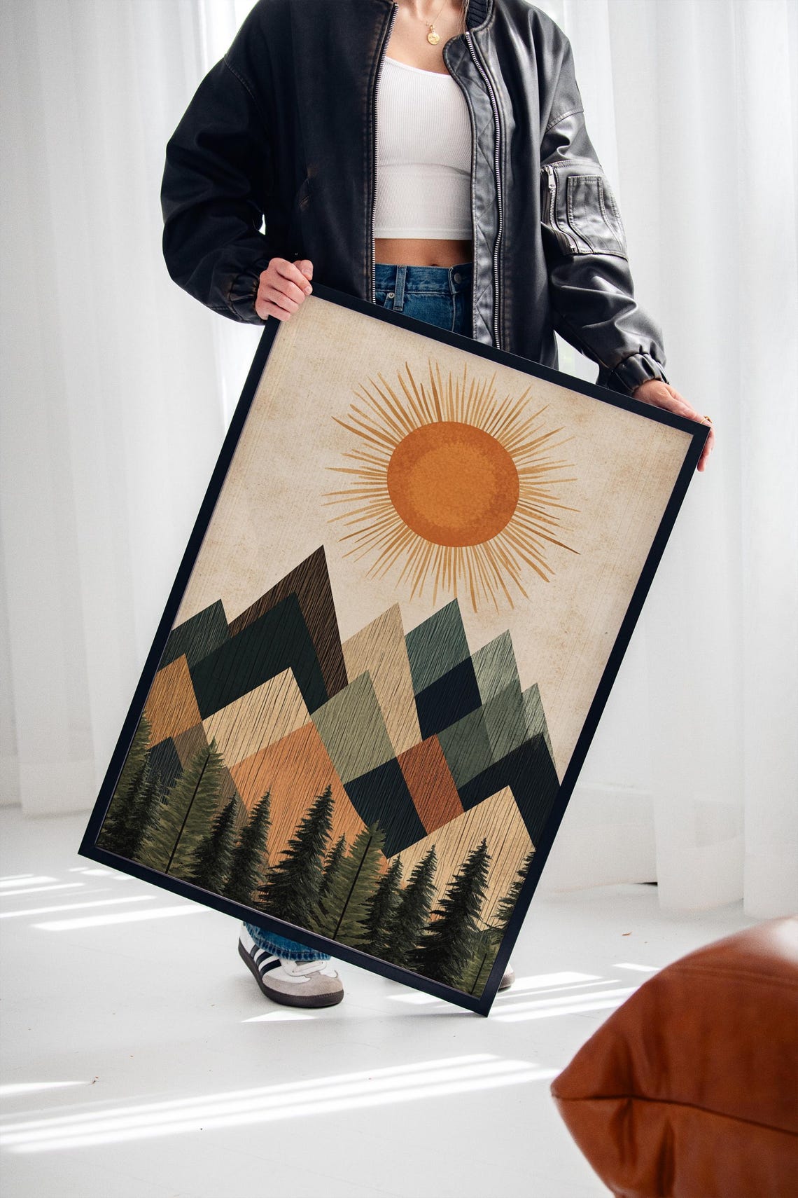 Geometric Mountain Sun Print Abstract Nature Wall Art Rustic Modern Decor Boho Forest Landscape Poster For Home Or Office - Image 4