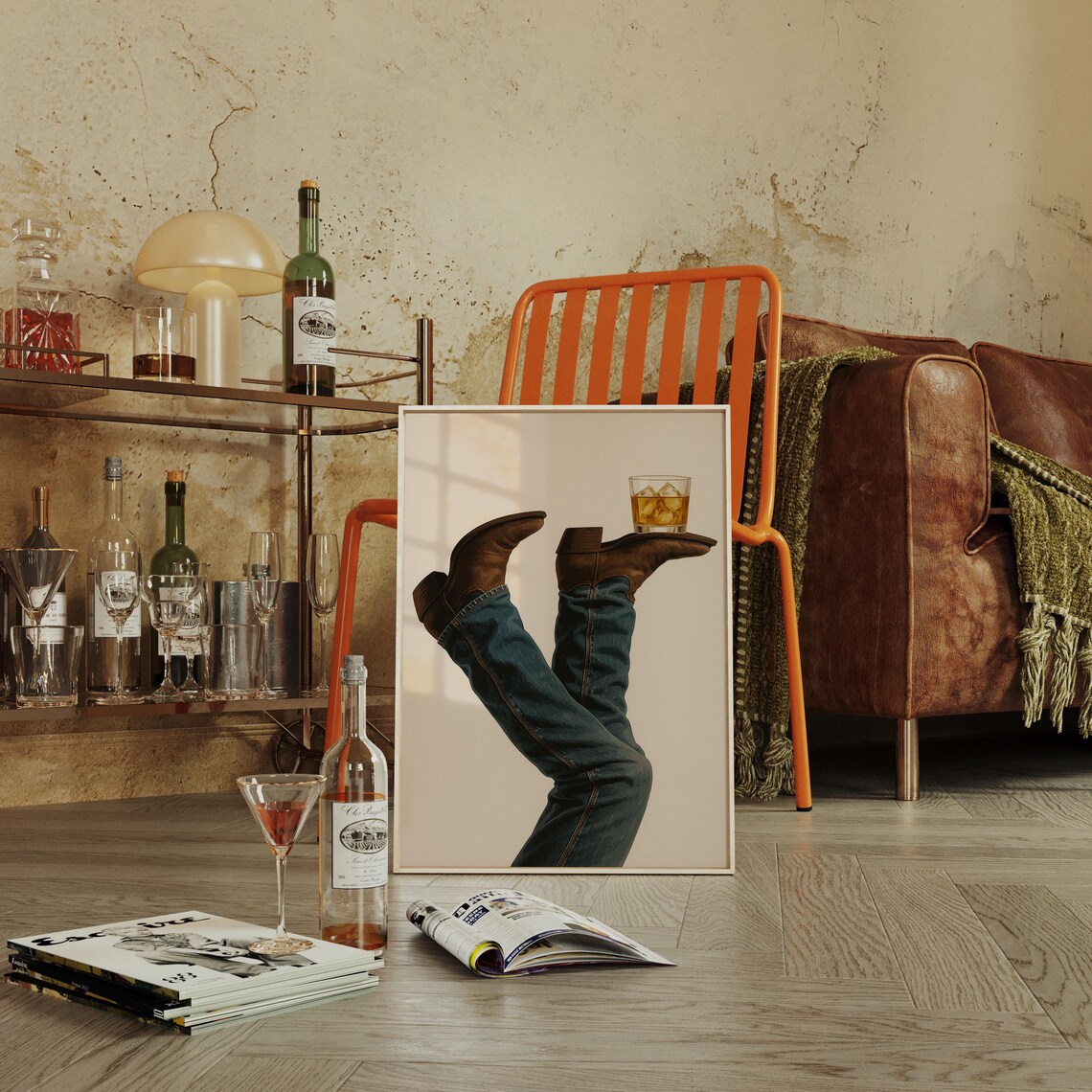 Western Cowboy Boots Whiskey Glass Rustic Bar Art Print - Image 4