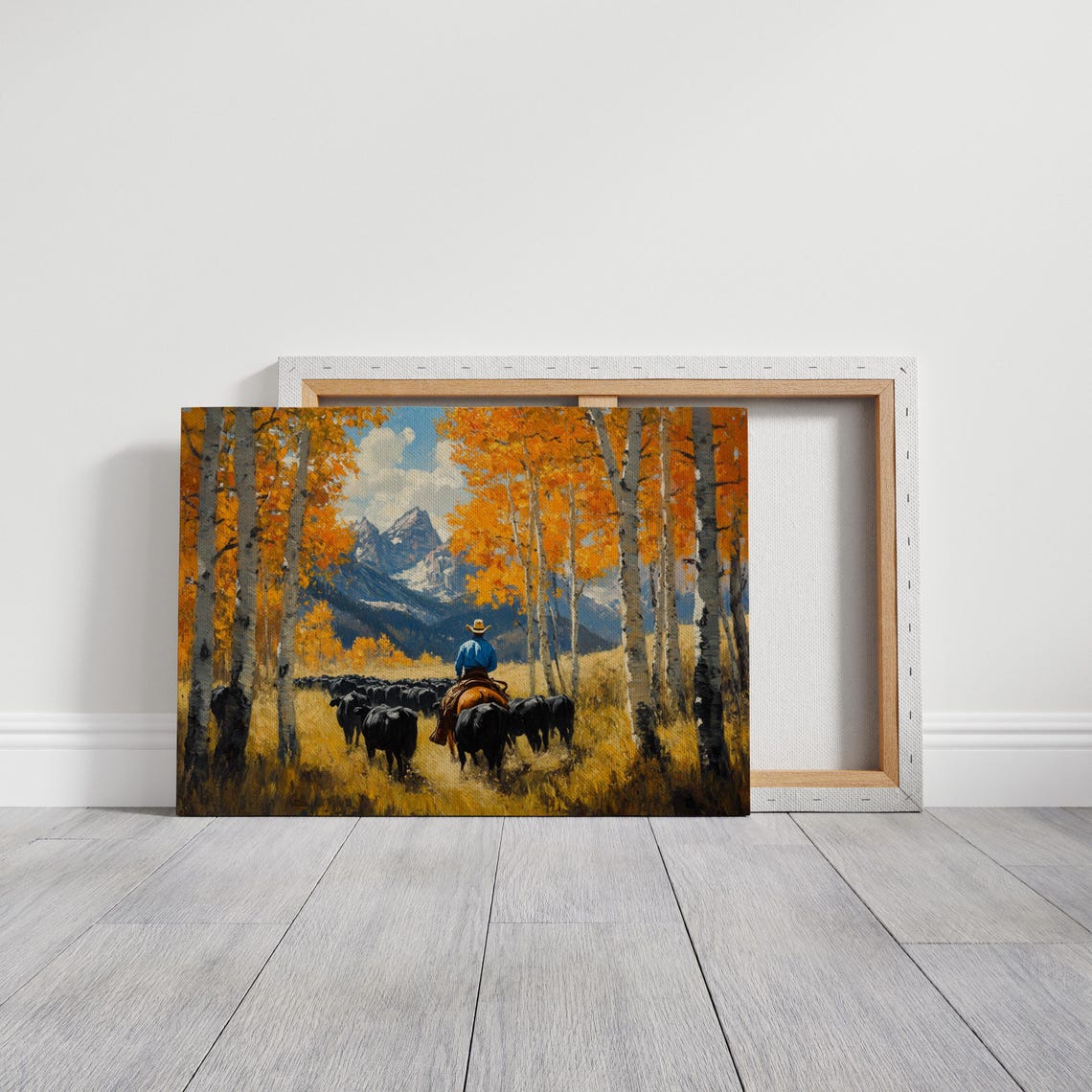 Cowboy Cattle Drive Western Ranch Autumn Aspen Landscape Art Poster - Image 3