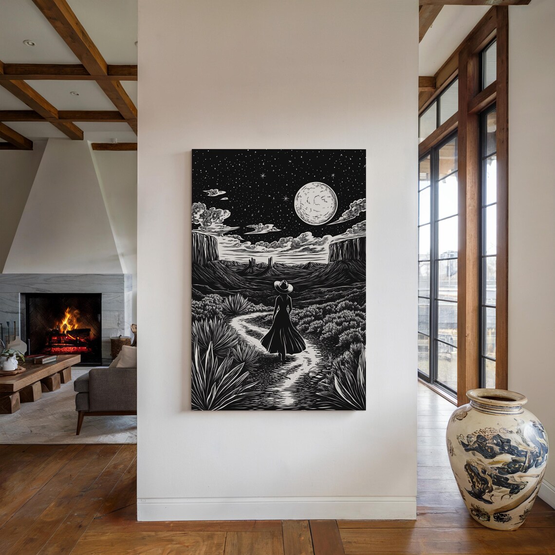 Cowgirl Desert Night Walk, Western Moonlit Landscape Print - Image 3