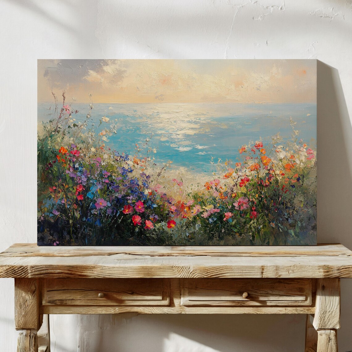 Coastal Wildflower Meadow Turquoise Sea Sunset Colorful Seaside Print