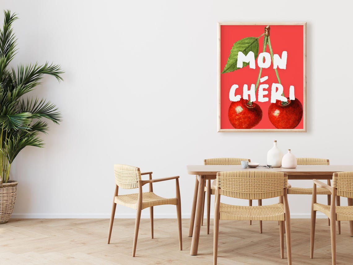 Mon Chéri Sweet French Cherry Phrase Romantic Watercolor Art Poster - Image 4