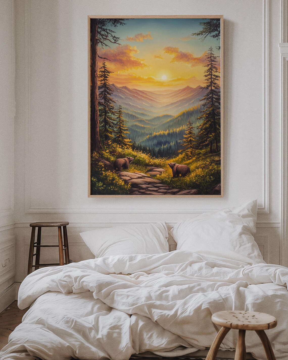 Two Bears Wandering in Golden Sunset Forest Valley Mountain Poster - Image 2