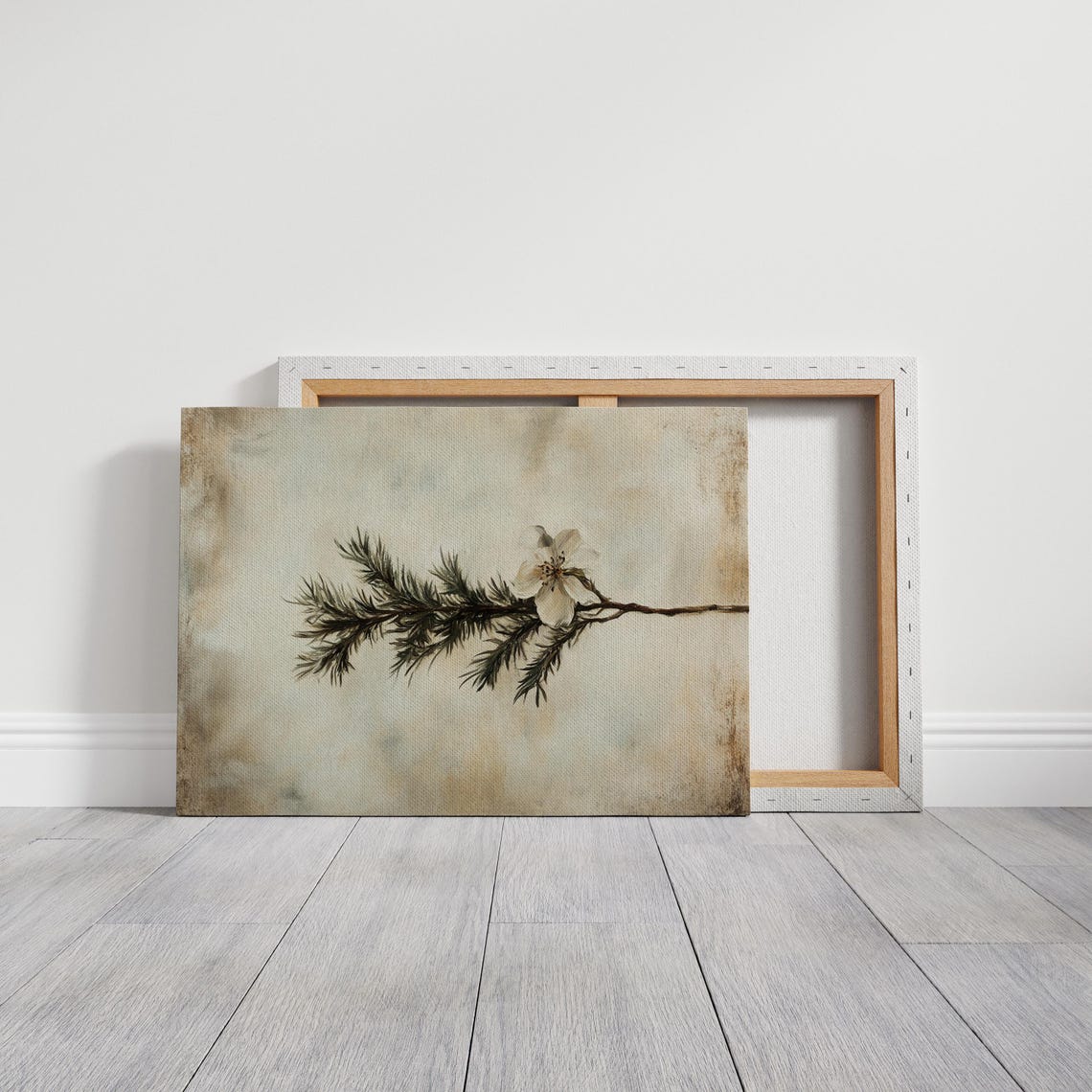 Minimalist Botanical Pine Branch White Blossom Rustic Nature Print - Image 3
