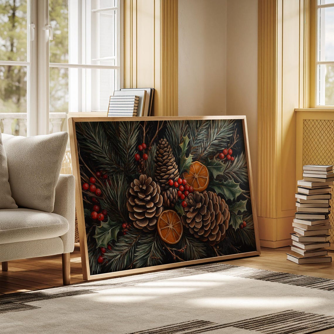Holiday Pinecone Holly Berries Orange Slices Rustic Christmas Poster - Image 3