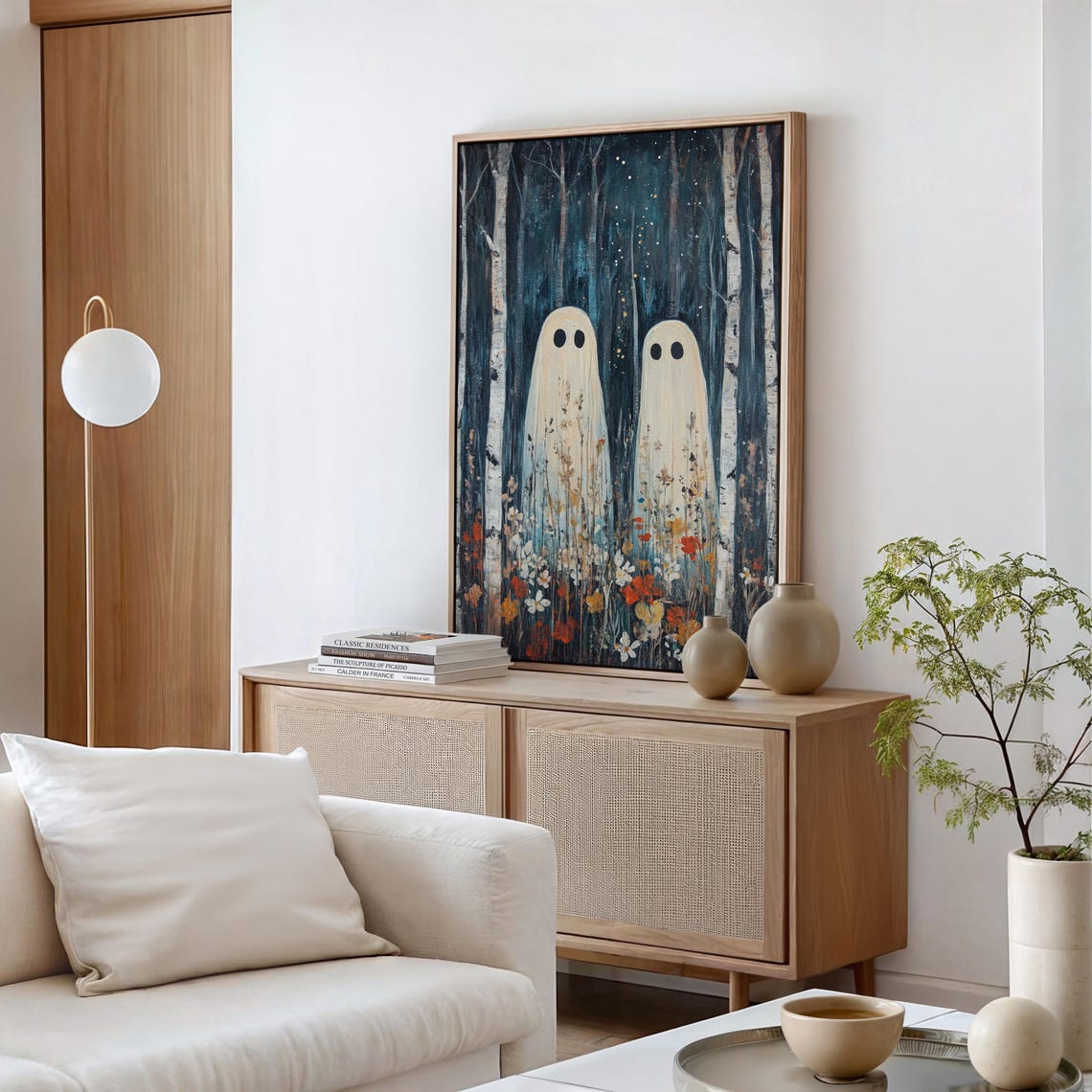 Whimsical Ghosts in Birch Forest Autumn Floral Halloween Wall Poster - Image 2