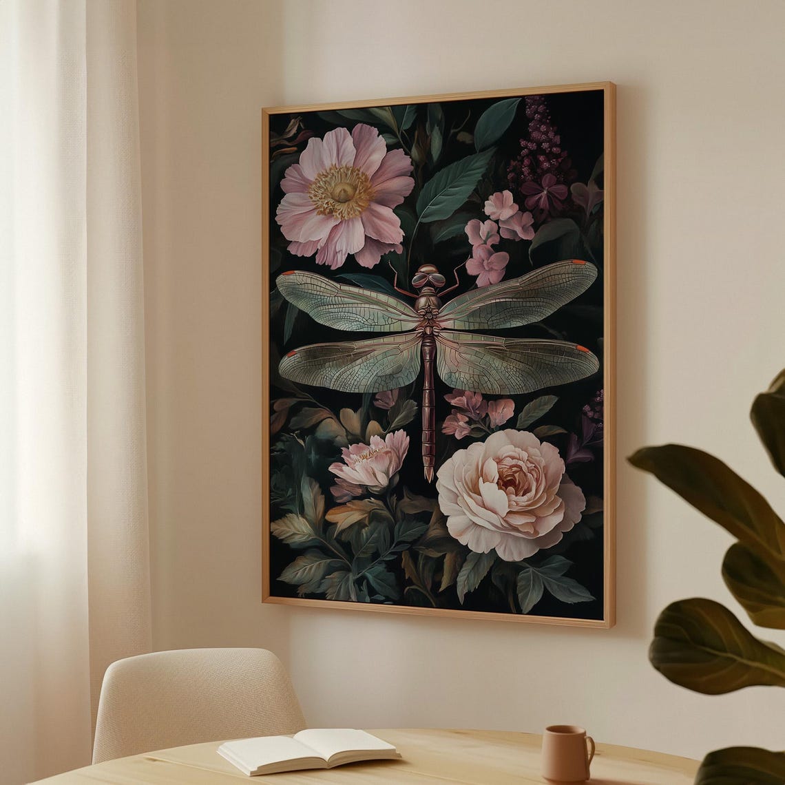 Dragonfly Rose Floral Botanical Dark Elegant Garden Insect Wall Poster