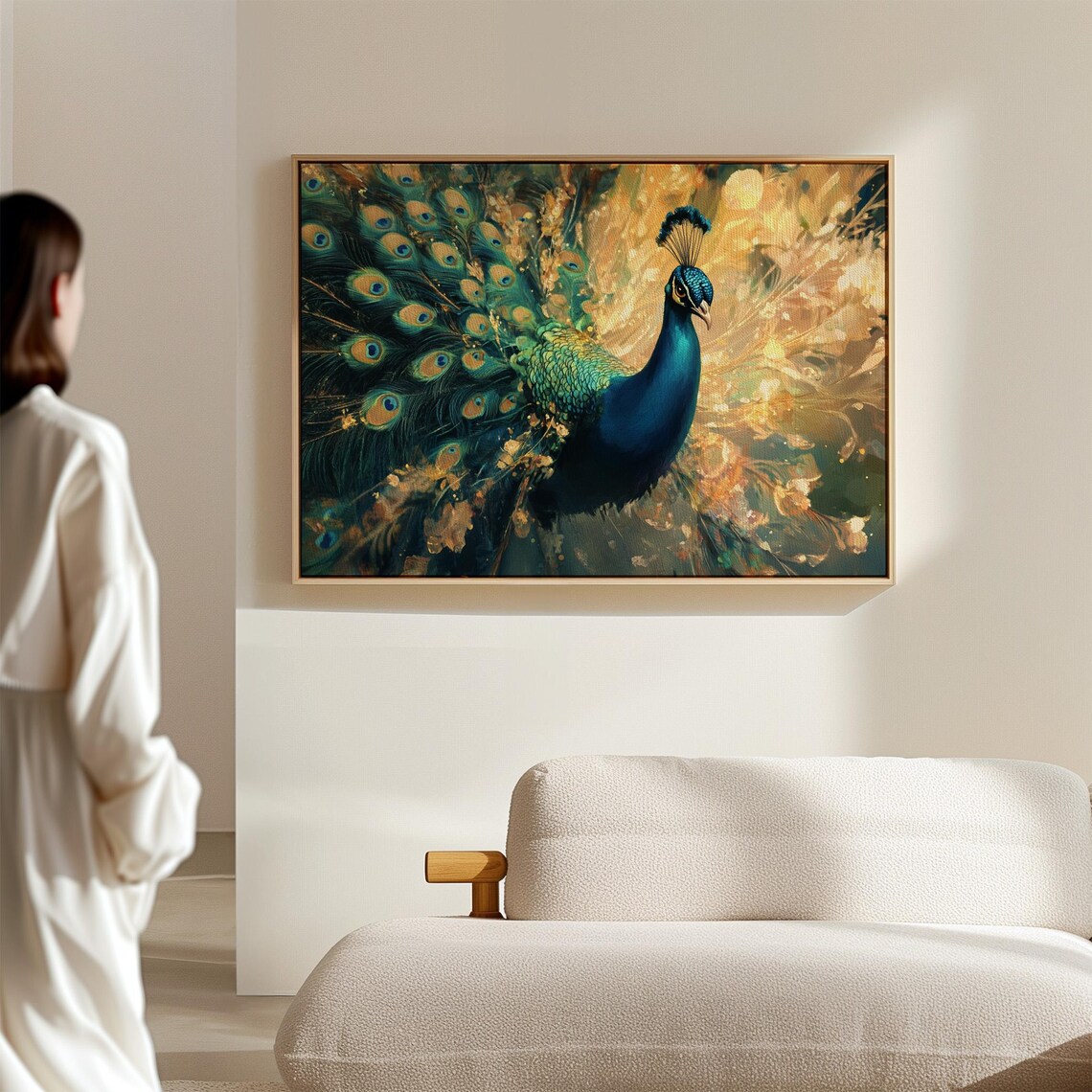 Peacock With Fanned Tail Golden Teal Majestic Radiant Bird Wall Art - Image 2