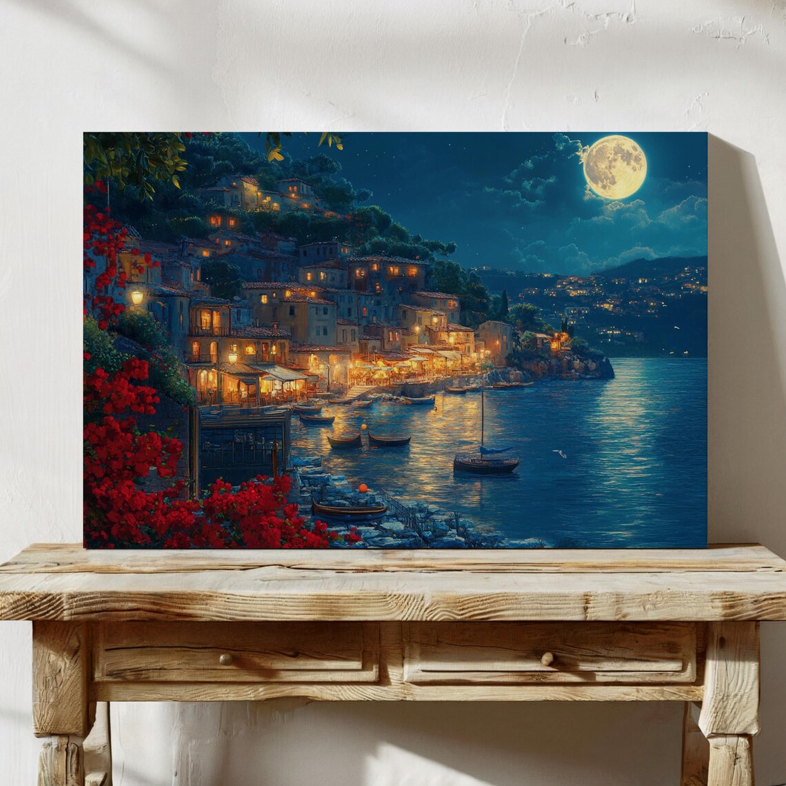 Moonlit Coastal Village Night Boats Lights Red Flowers Poster - Image 3