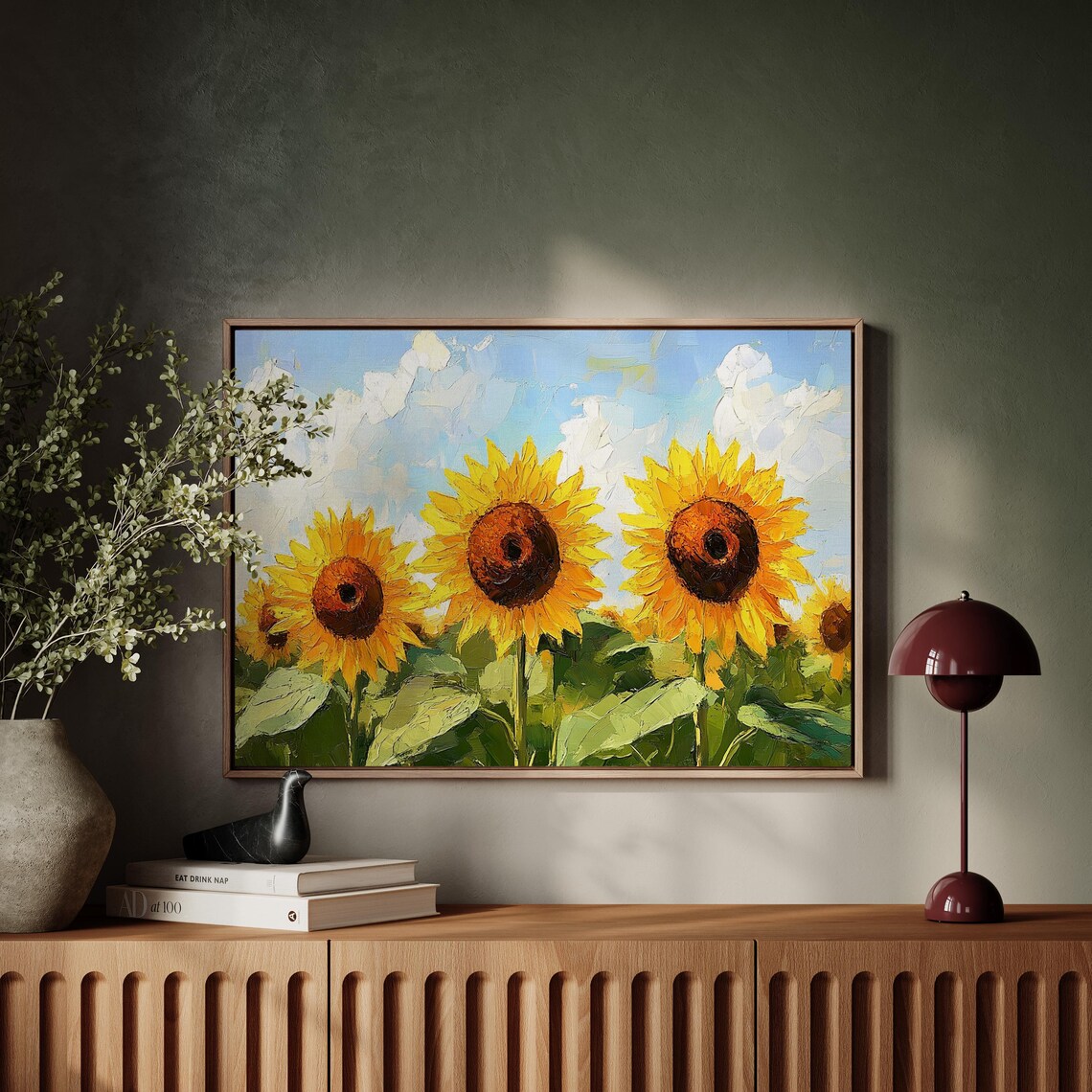 Sunflower Field Under Bright Sky, Oil Painting Style - Image 2