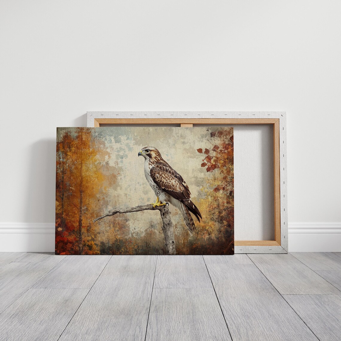 Regal Hawk Perched on Branch, Rustic Autumn Wildlife Art Print - Image 2