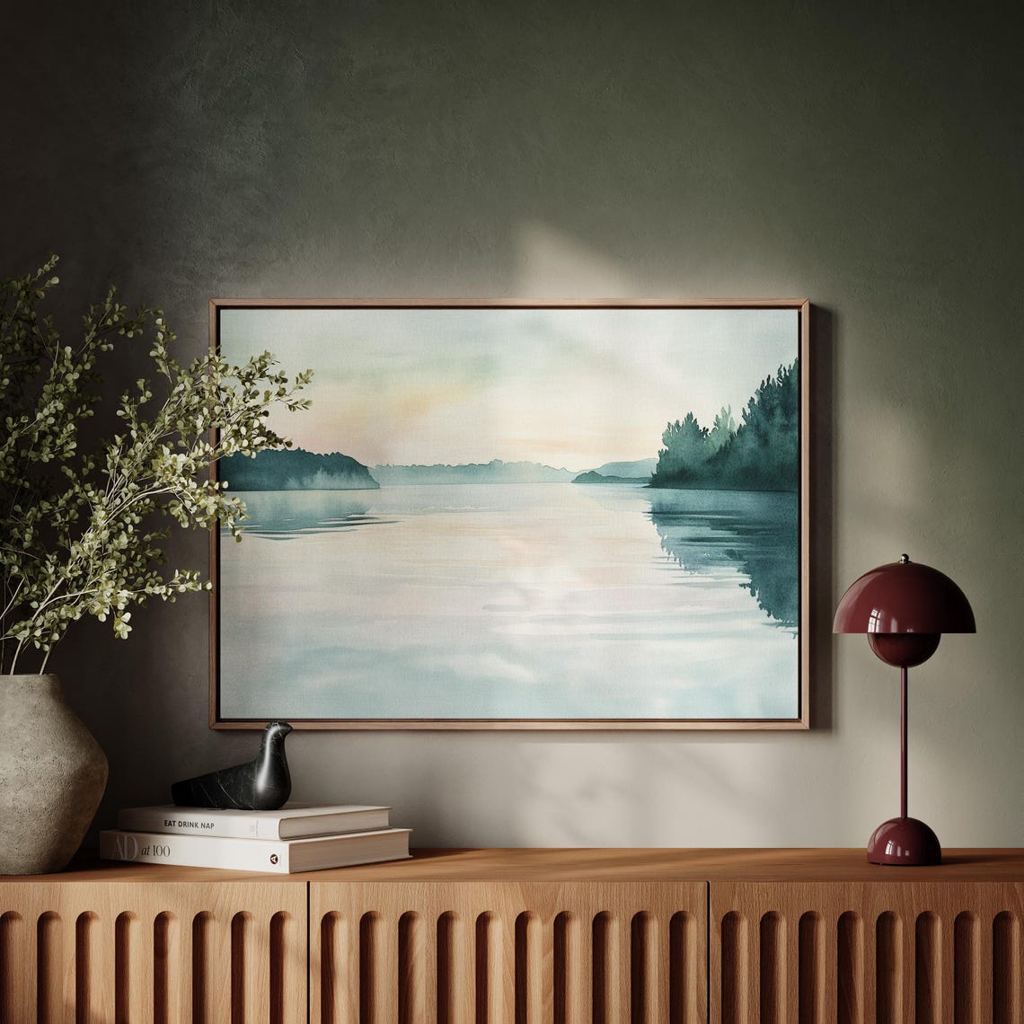 Serene Misty Lake Sunrise Reflections Calming Watercolor Nature Poster - Image 2