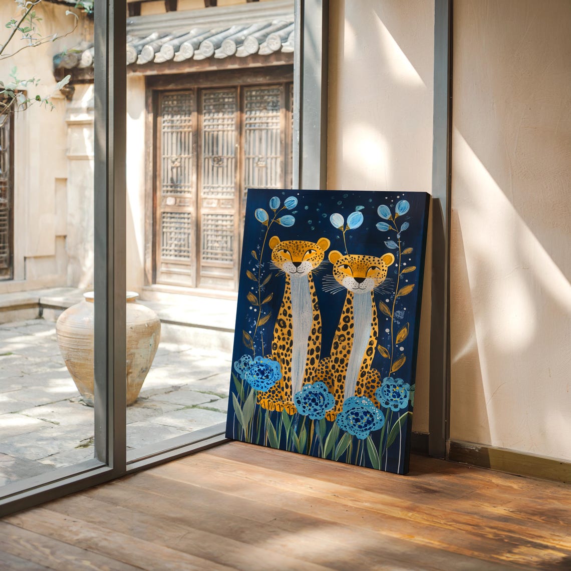 Cheerful Cheetah Pair Among Blue Flowers On Deep Navy Whimsical Poster - Image 2