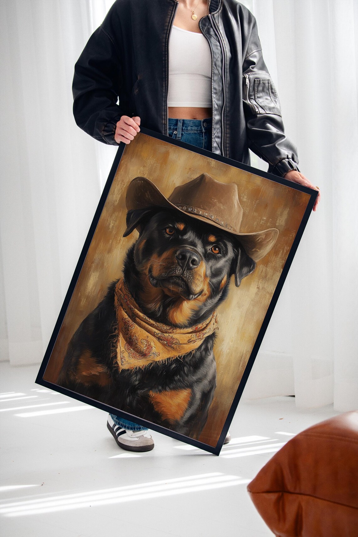 Cowboy Rottweiler Portrait, Rustic Ranch Decor - Image 2