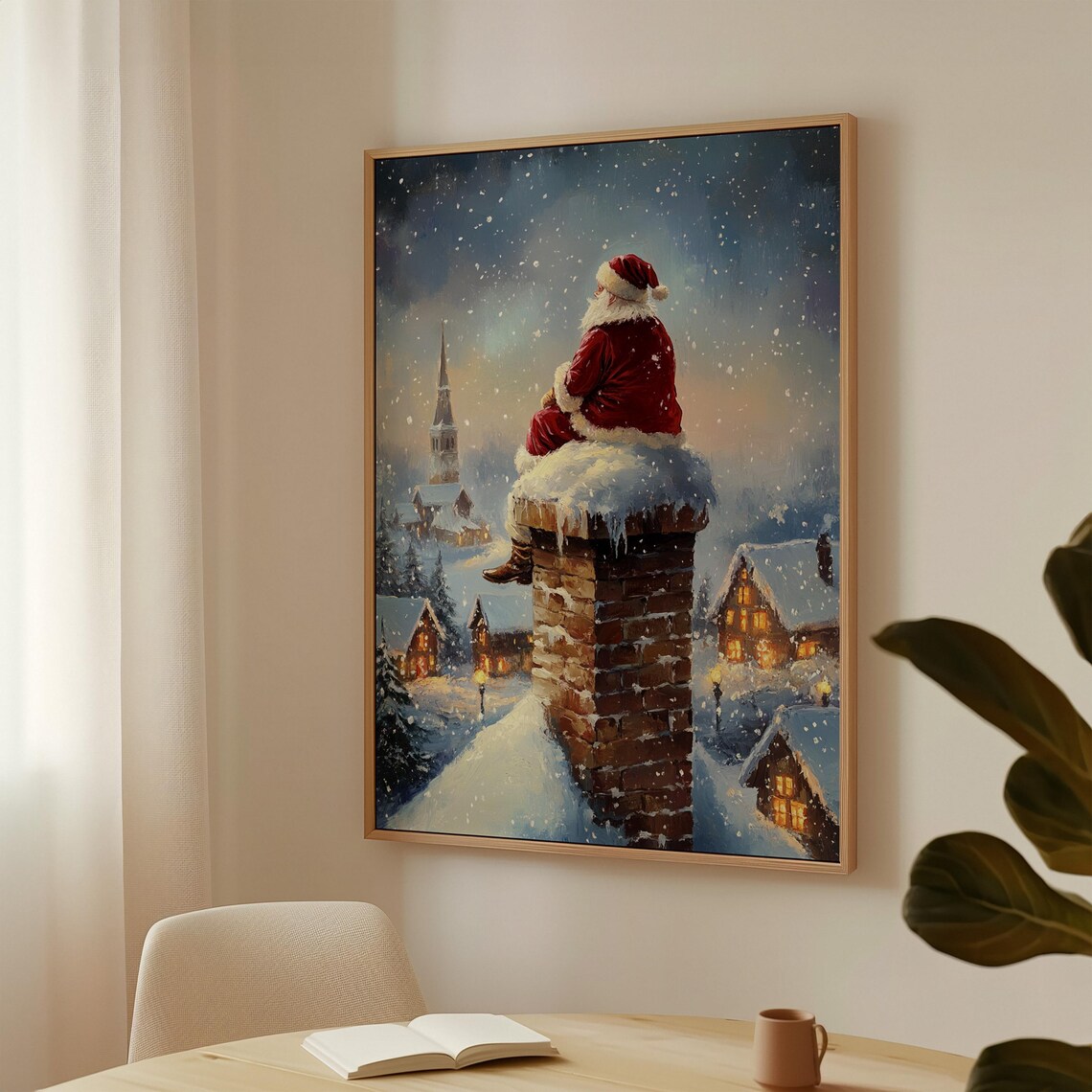 Santa Sitting On Snowy Chimney Above Glowing Village Christmas Poster