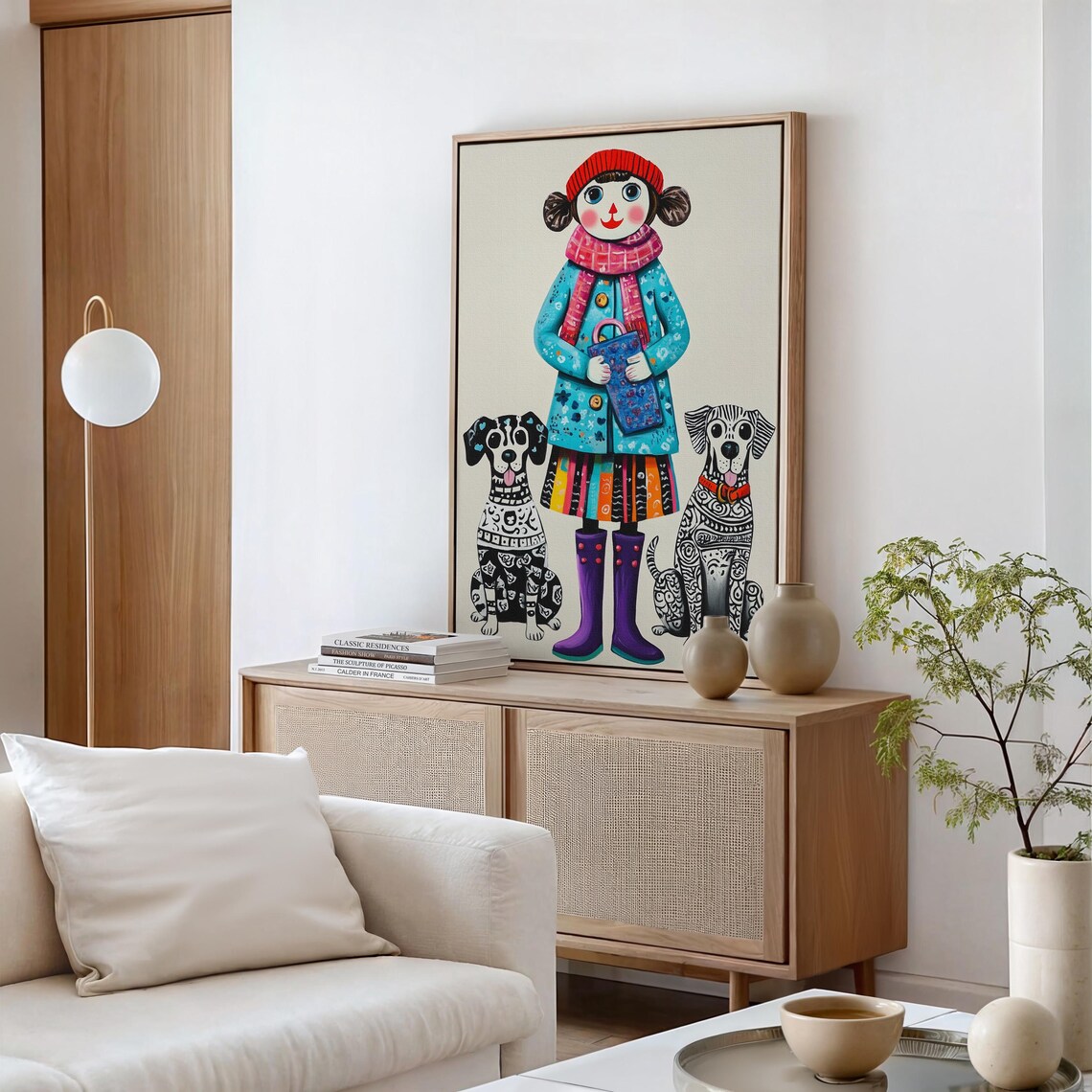 Whimsical Girl With Two Dalmatian Dogs Colorful Folk Art Kids Poster - Image 4