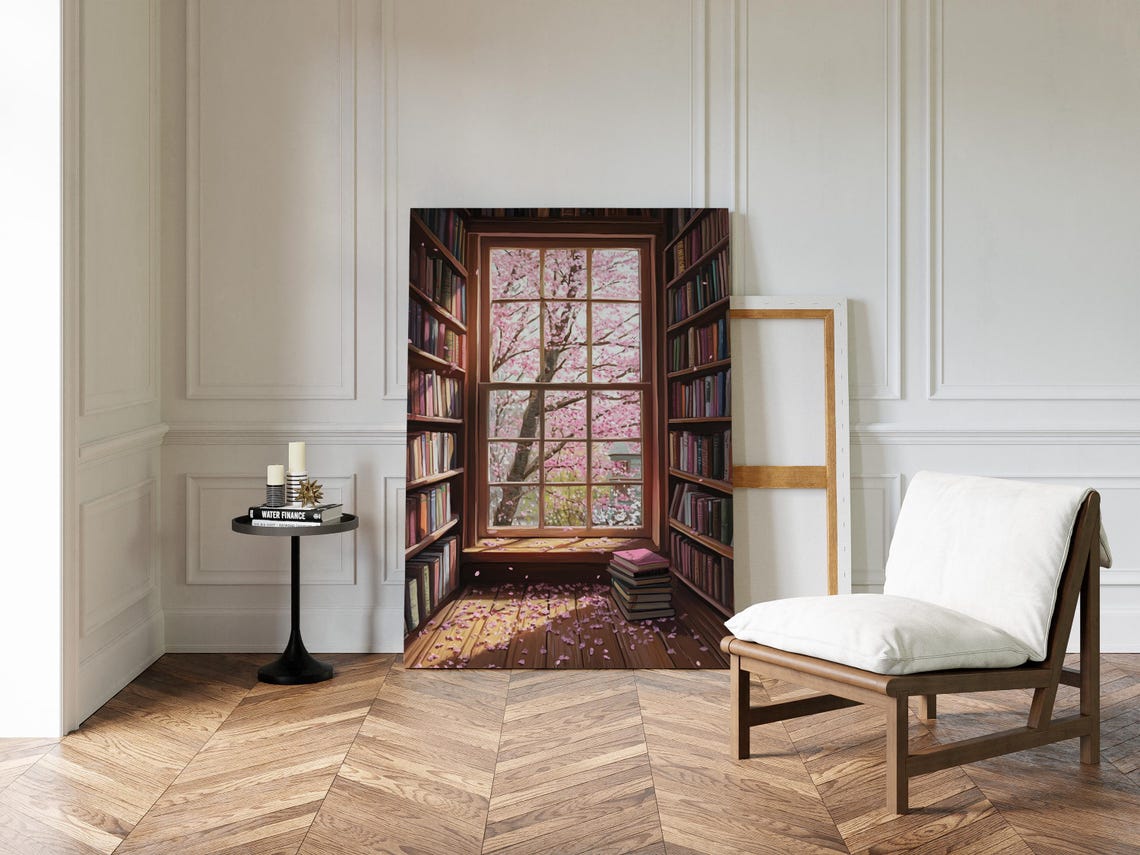 Cherry Blossom Library Art Print Spring Window Scene With Books Peaceful Reading Nook Wall Decor For Book Lovers - Image 3