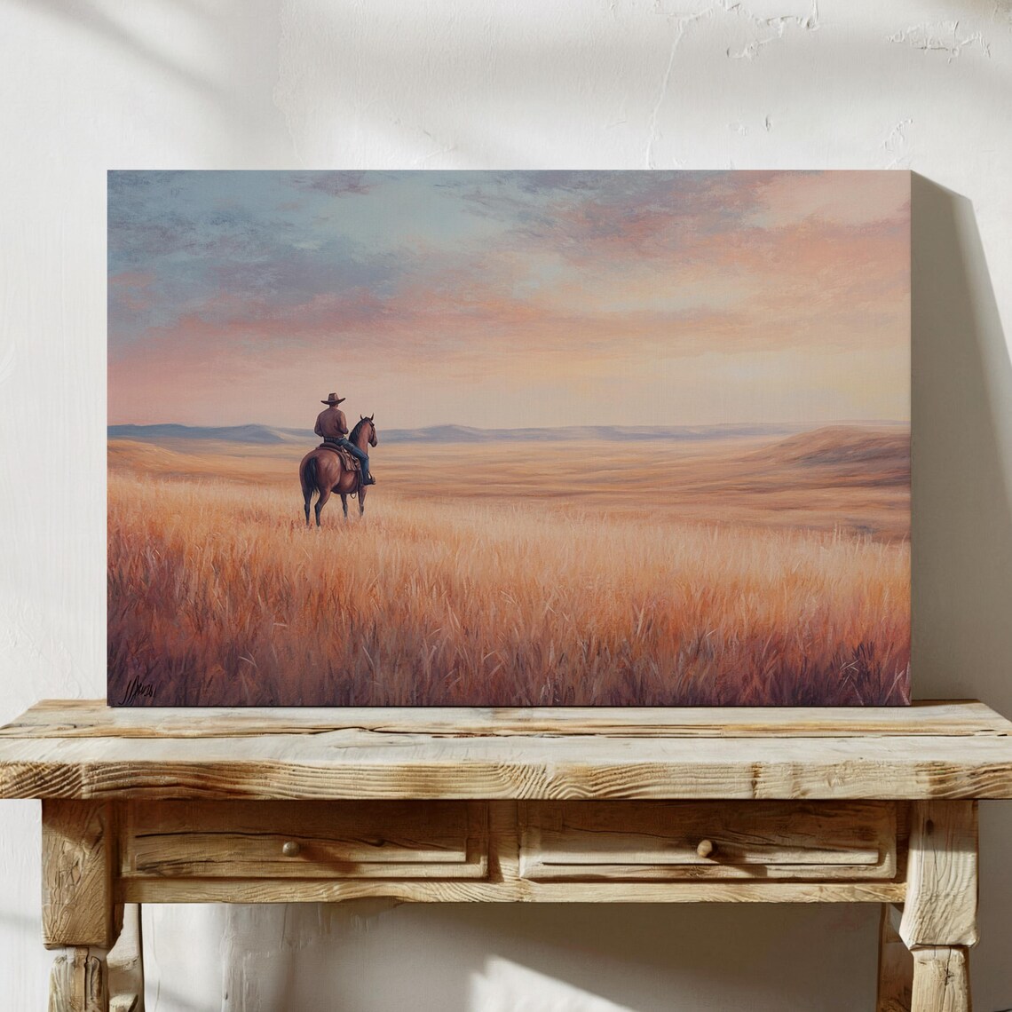 Cowboy Watching Prairie Sunset Serene Western Horseback Wall Art Open Range Landscape Print In Warm Pastel Tones - Image 4