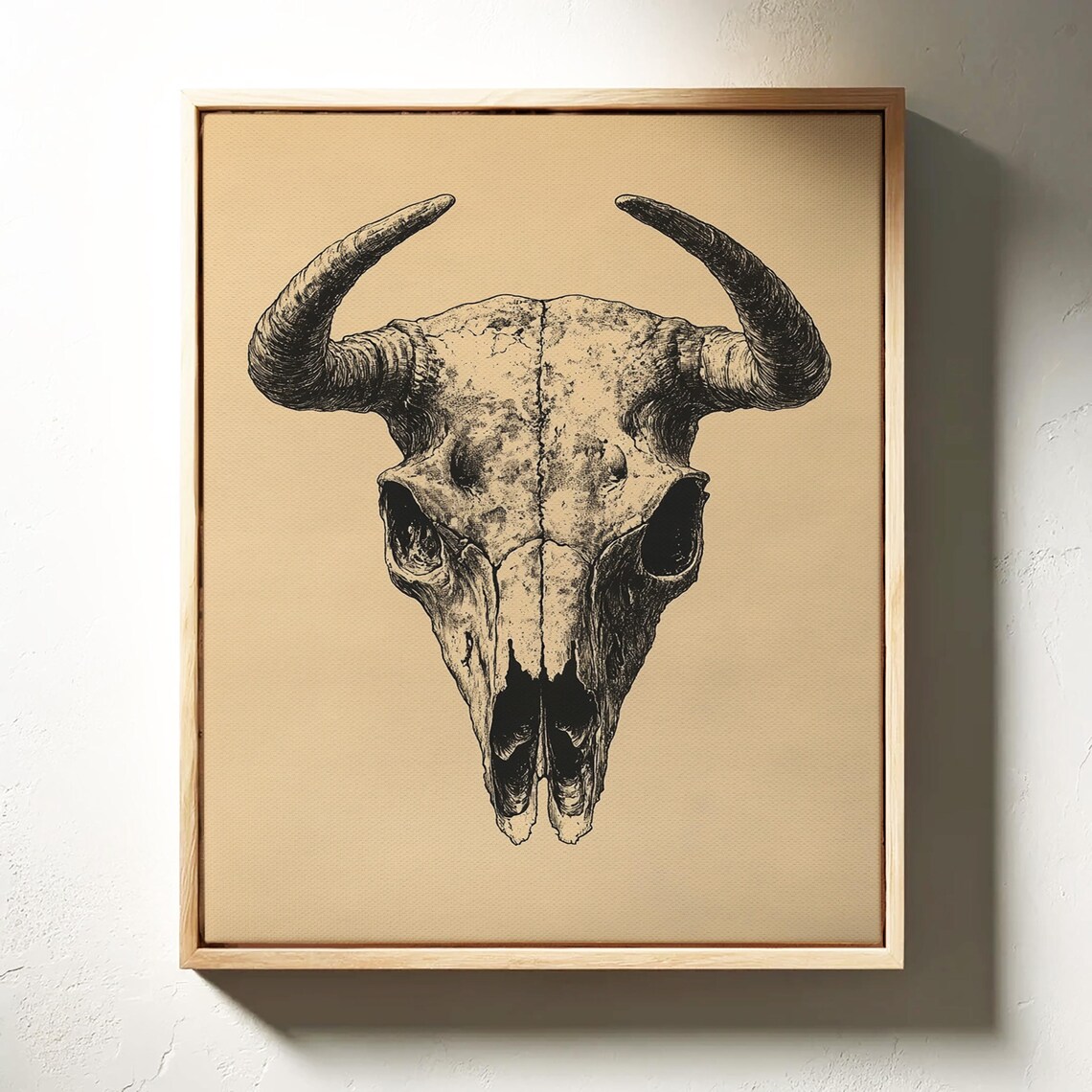 Rustic Buffalo Skull With Long Horns Western Ink Illustration Poster