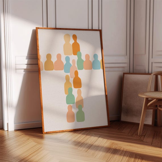 Minimalist Cross Formed By People Print Modern Christian Wall Art Pastel Faith Illustration For Home Church Or Prayer Room
