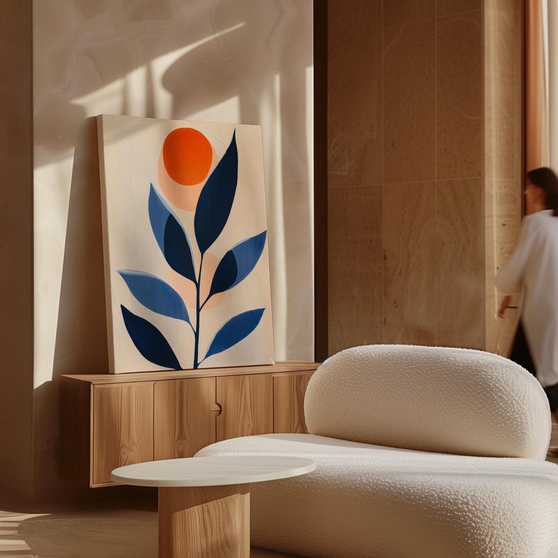 Minimalist Abstract Painting With Bold Navy Leaves Soft Peach Circles And A Striking Orange Sun Against A Neutral Backdrop - Image 5