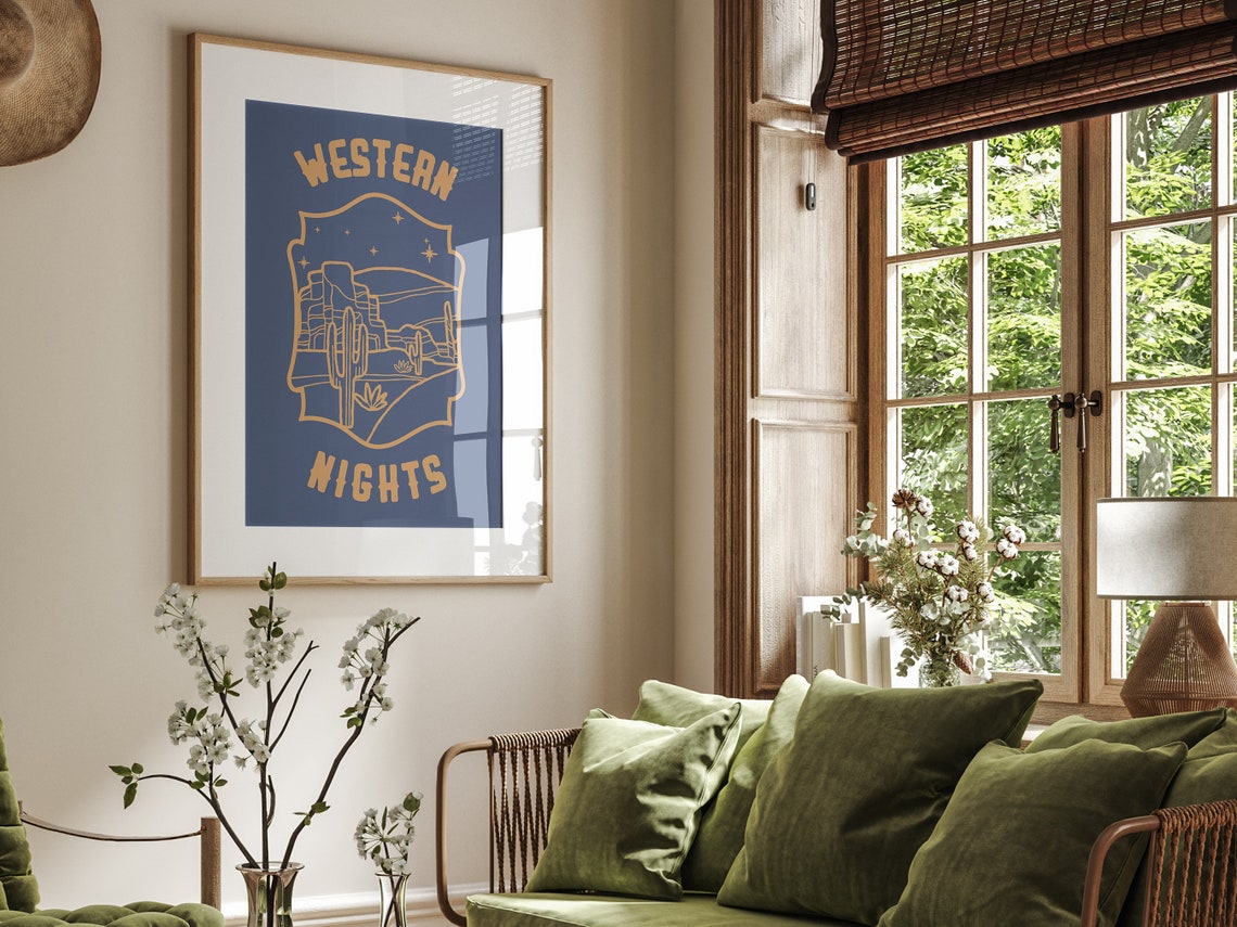 Western Nights Desert Canyon Cactus Navy Line Art Western Quote Poster - Image 2
