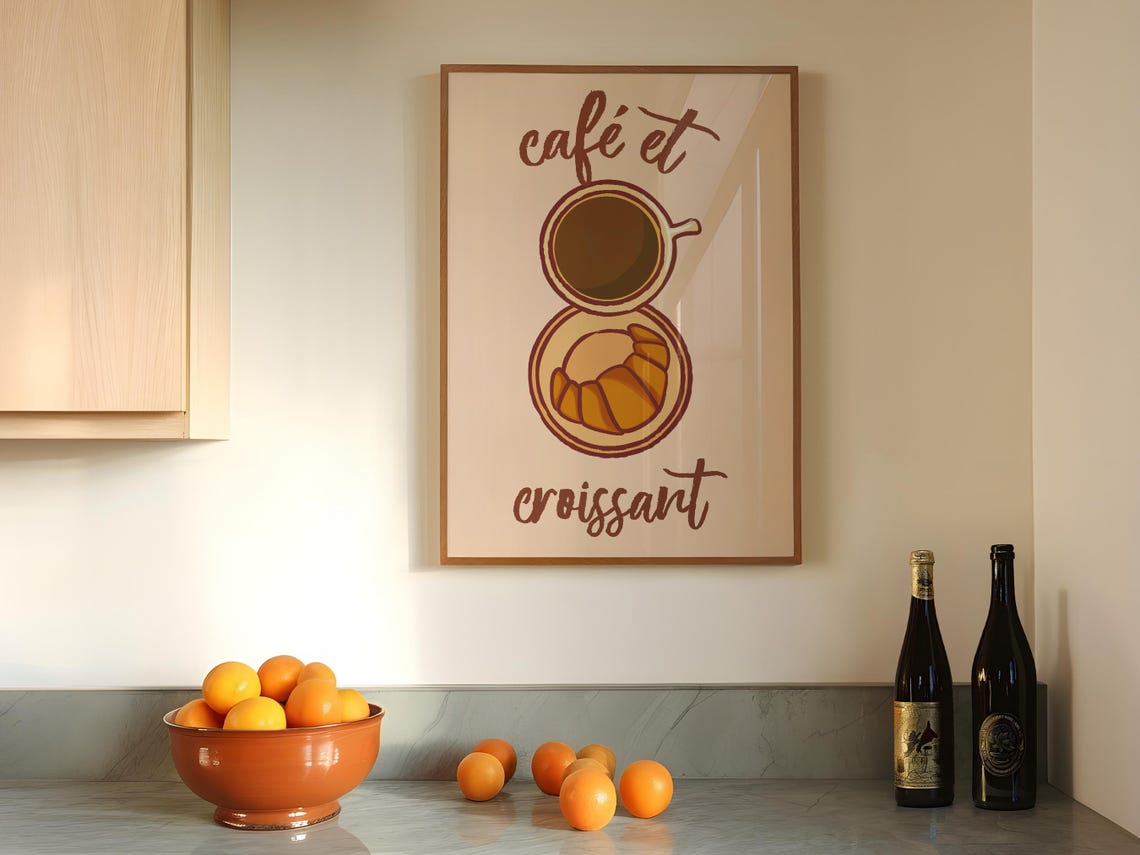 Cafe Et Croissant Coffee Cup Hand Lettered French Kitchen Poster
