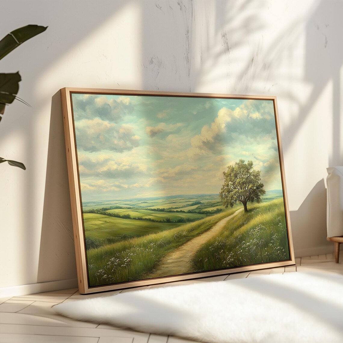 Sunny Countryside Path, Peaceful Tree Landscape Art Print