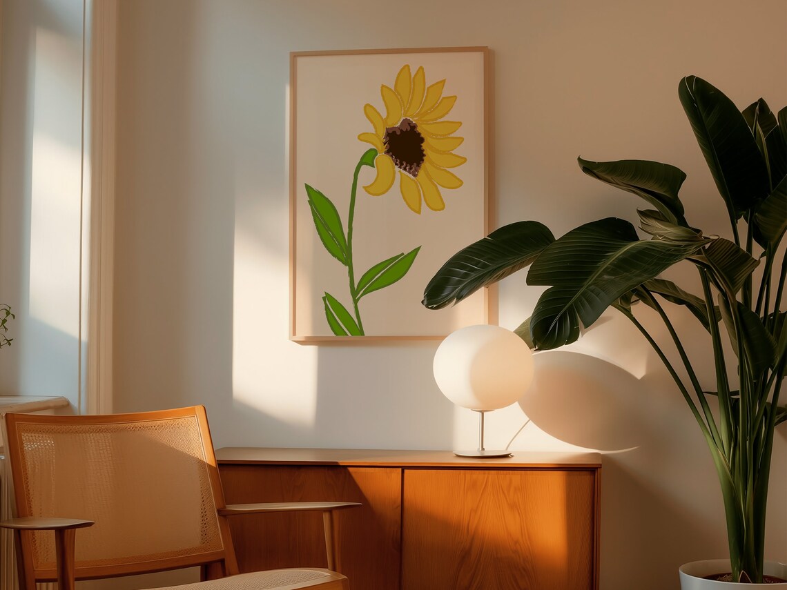 Hand Painted Sunflower Tall Stem Cream Farmhouse Botanical Art Poster - Image 2