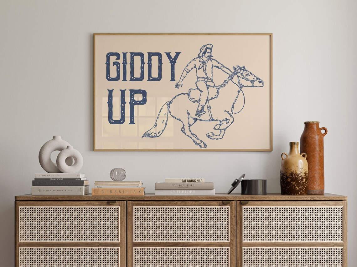 Giddy Up Cowboy On Horse Line Art Vintage Western Quote Wall Art - Image 2