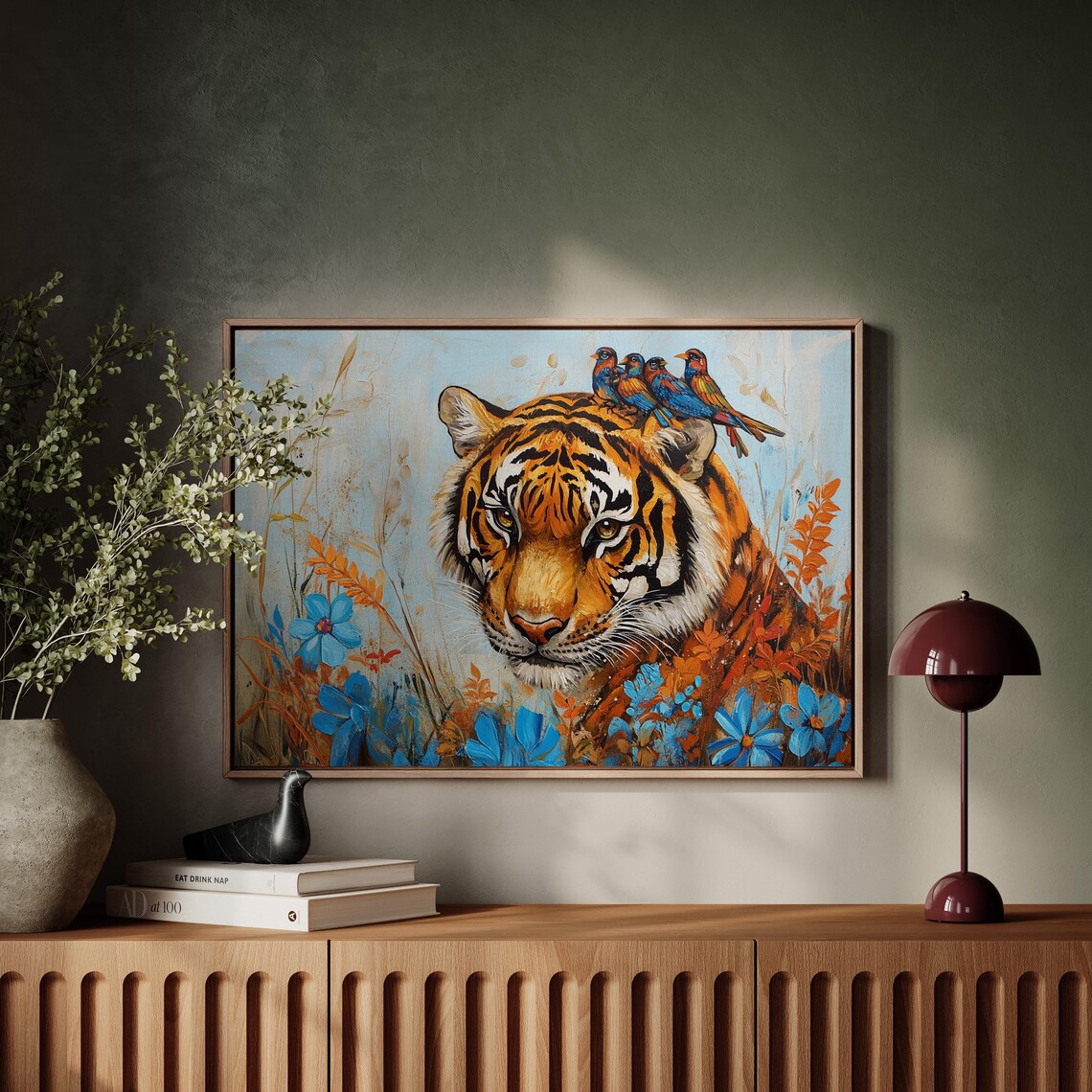 Majestic Tiger Portrait With Perched Birds And Blue Flowers Wall Art - Image 2