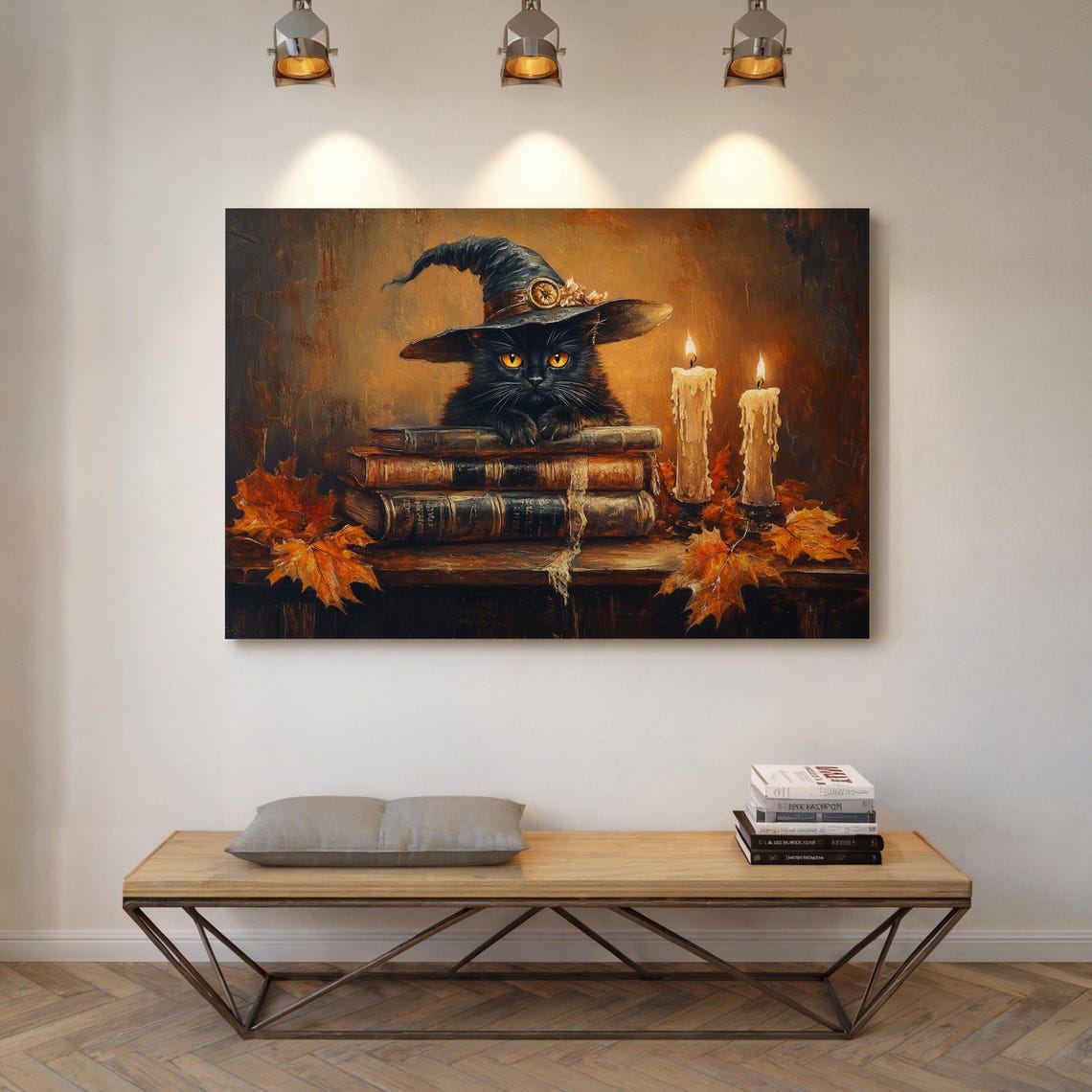 Witchy Black Cat Wizard Hat Books Candlelight Autumn Halloween Poster - Image 5
