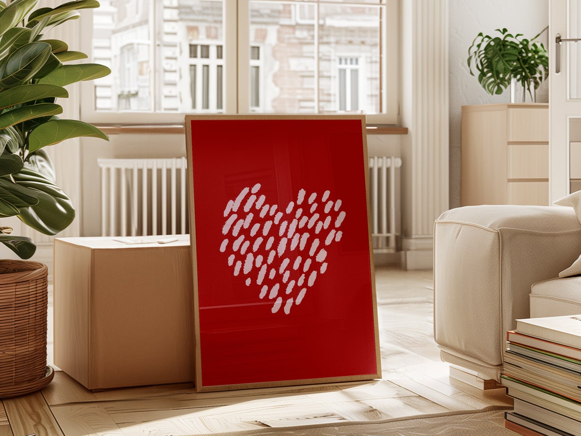 Abstract Red Heart White Brushstrokes Bold Romantic Wall Art Poster