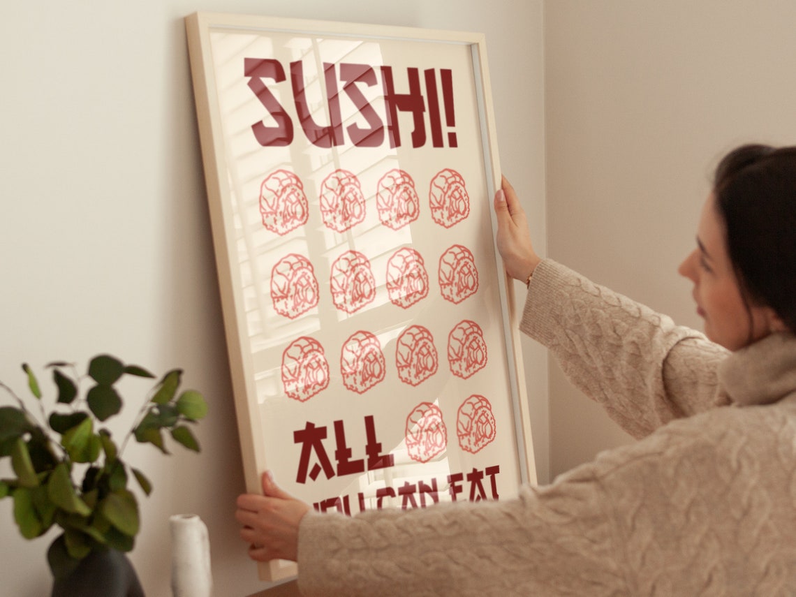 Sushi All You Can Eat Retro Red Typography Kitchen Wall Art Print - Image 2