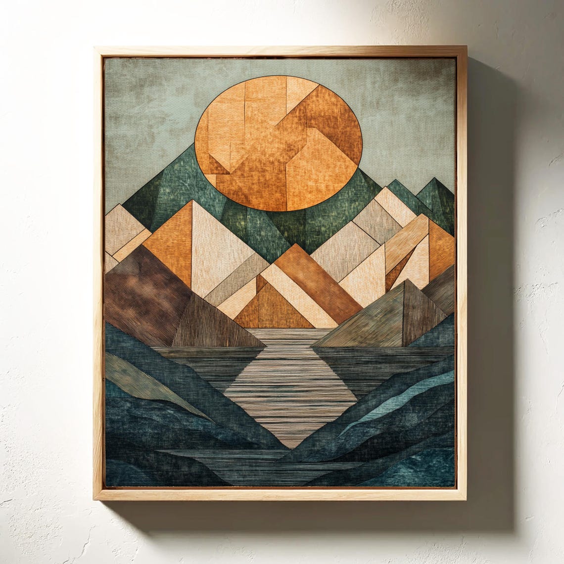 Geometric Mountain Print Abstract Nature Art With Textured Sun And Lake Modern Rustic Wall Decor For Home Or Office - Image 4