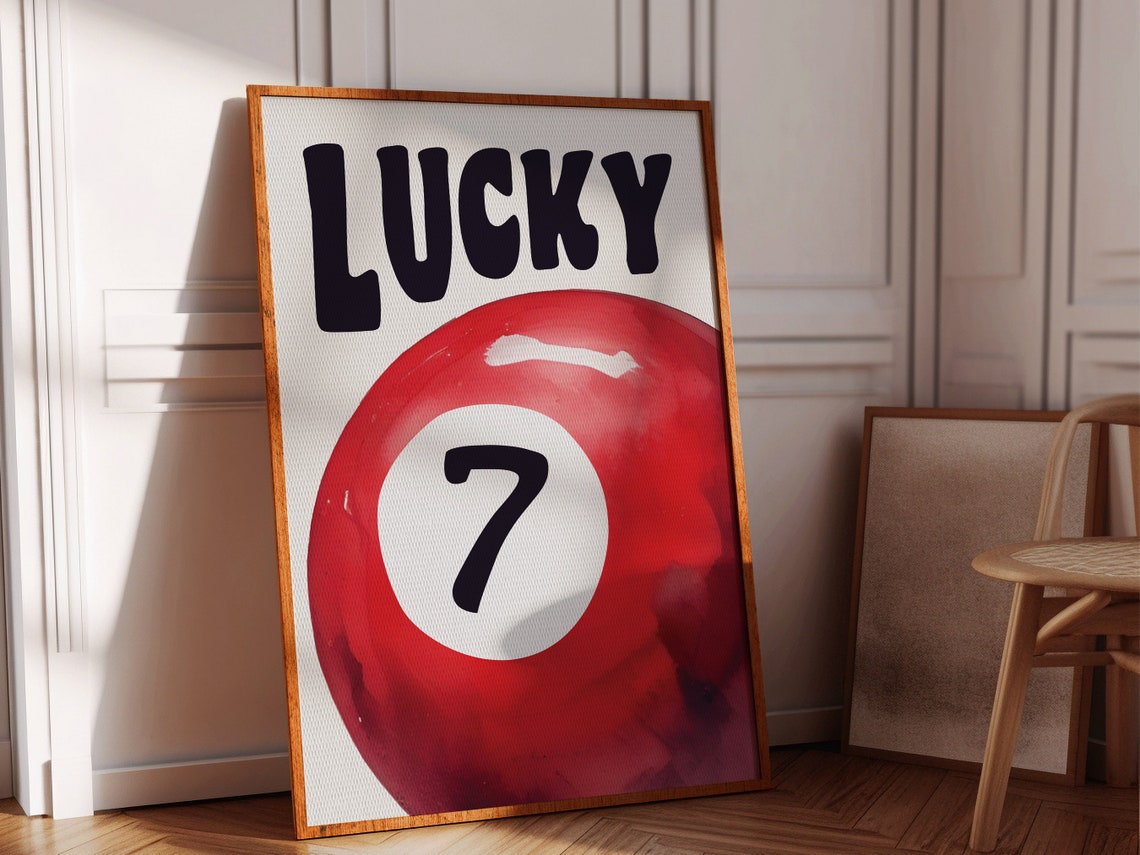 Lucky Number 7 Red Billiard Pool Ball Retro Game Room Wall Art Poster