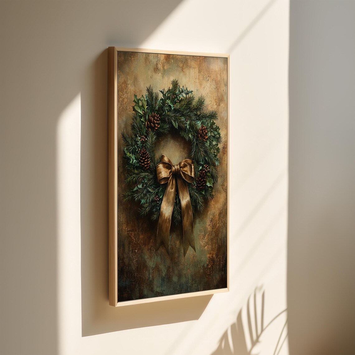 Elegant Holiday Wreath With Gold Bow Pinecones Vintage Christmas Print - Image 2