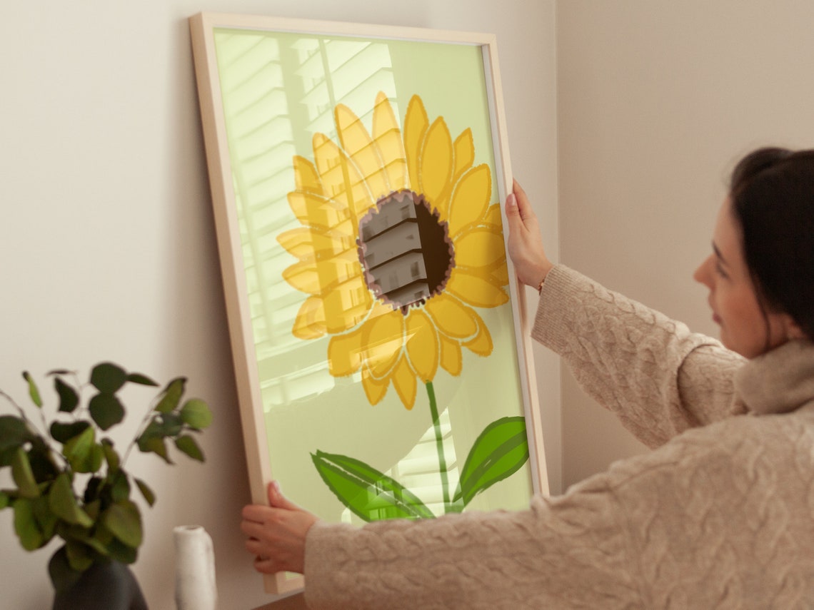 Golden Sunflower Bloom Sage Green Modern Calm Botanical Wall Poster - Image 3