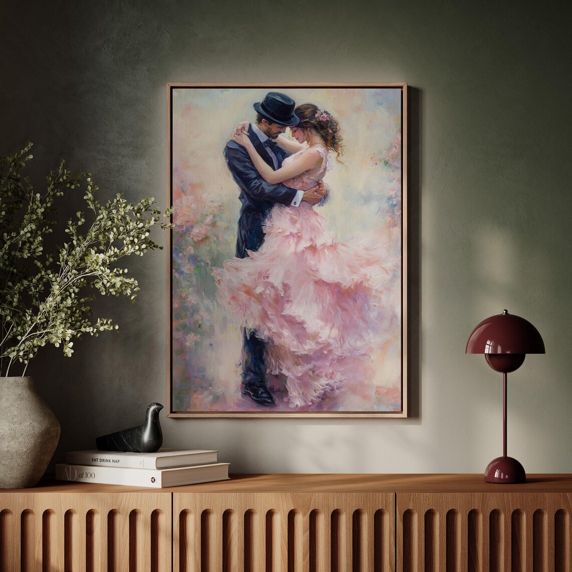 Couple Embracing Dance Flowing Pink Gown Romantic Oil Art Print - Image 5
