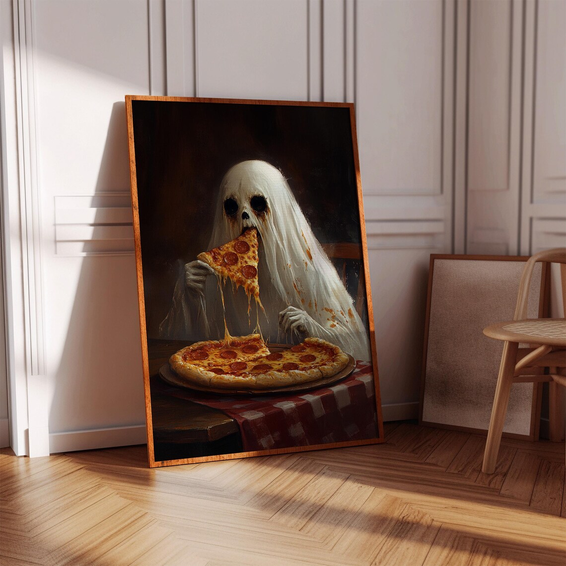 Ghost Eating Pizza Poster Funny Halloween Oil Painting with Pepperoni - Image 4