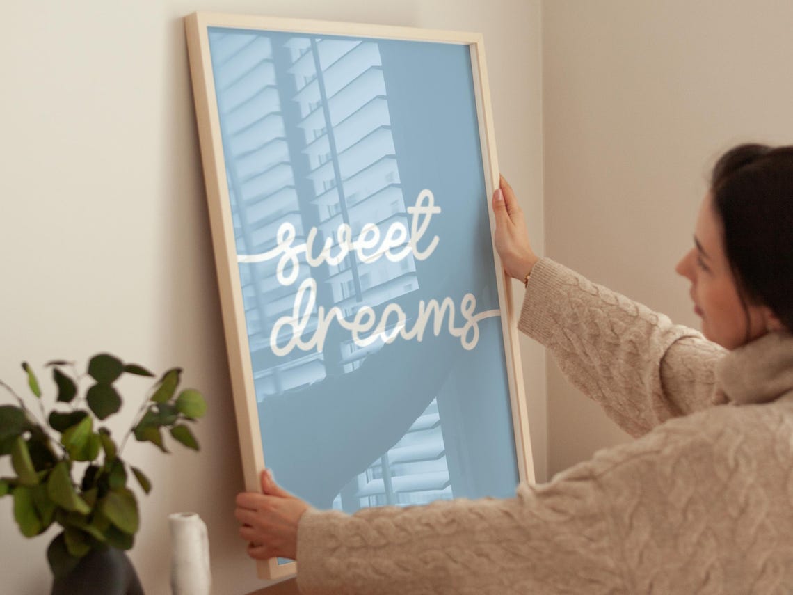 Sweet Dreams Flowing White Script Dusty Blue Bedroom Wall Poster - Image 2