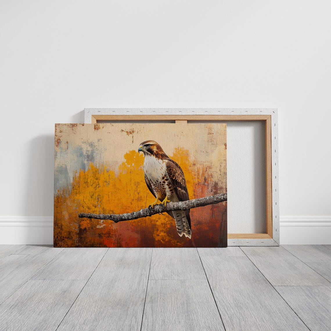 Majestic Hawk On Branch Bold Wildlife Wall Art Print With Vibrant Autumn Textured Background - Image 3