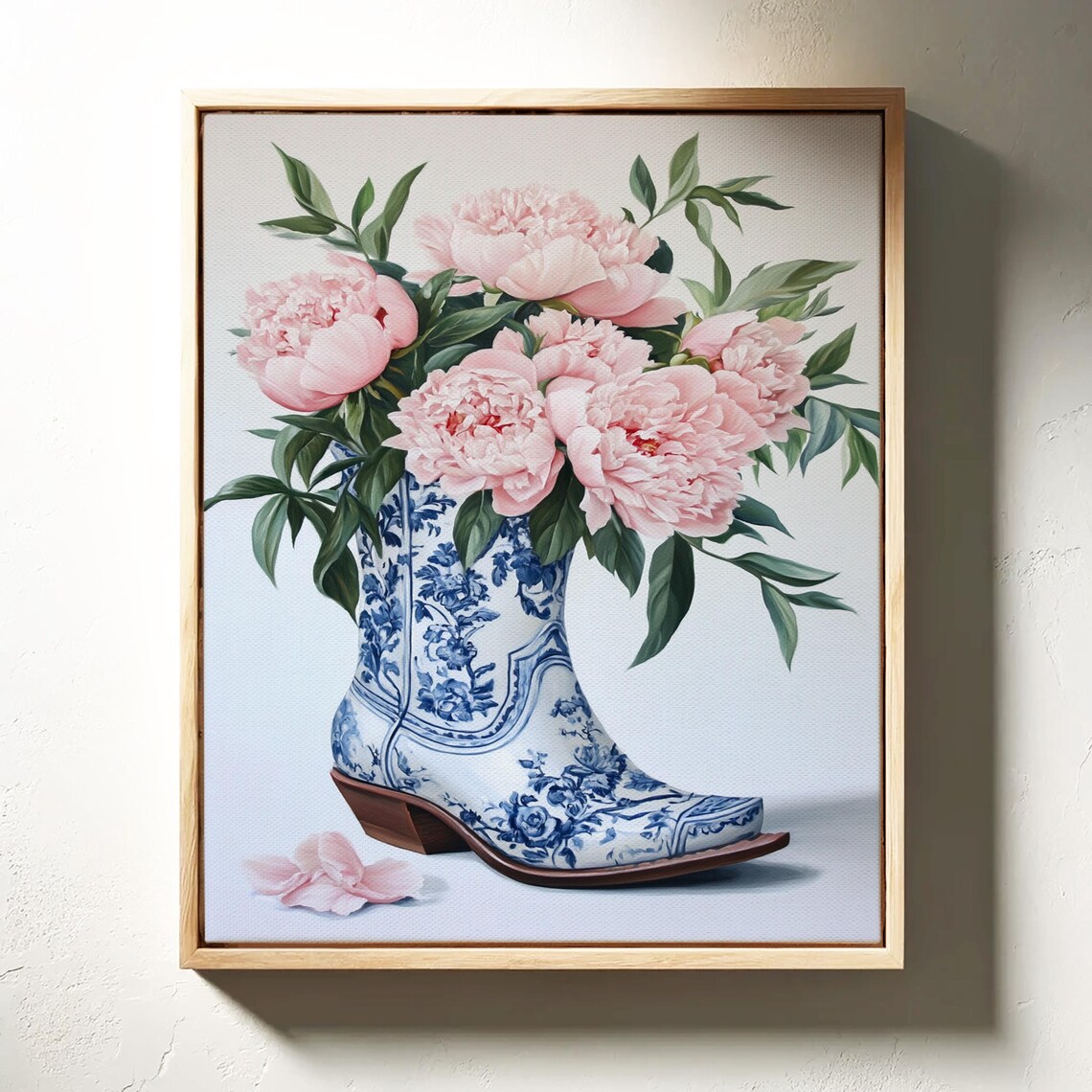 Pink Peonies Porcelain Cowboy Boot Vase Blue White Floral Art Poster - Image 5