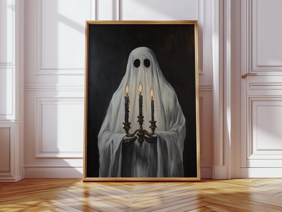 Gothic Ghost Holding Candelabra Poster Spooky Halloween Candlelight Art - Image 3