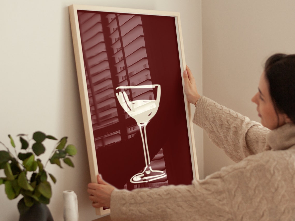 Cream Coupe Cocktail Glass Deep Burgundy Minimalist Bar Art Poster - Image 3